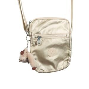 Kipling Gold Nylon Crossbody Bag Purse w/ Gorilla Charm Keychain